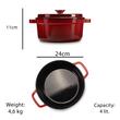 Oala din fonta emailata cu capac HAUSBERG HB-H744, capacitate 4L, diametru 24 cm, adancime 11 cm, interior antiaderent, Rosu
