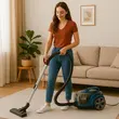 Aspirator fara sac HAUSBERG HB-2821BL, 1200-1800W, multiciclon, aspirare uscata, capacitate 3 litri,  filtru HEPA, control viteza, derulator automat cablu, Bleu-Negru