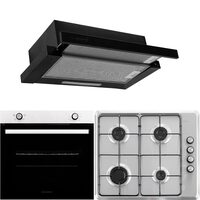Pachet Cuptor incorporabil Hausberg HB-8051IN, Electric, Putere 2000 W, 76 l, 4 Functii, Clasa A, Plita HB-580IN, aprindere electrica, gaz, 4 arzatoare, sistem siguranta, Hota telescopica HB-1285NG, absorbtie 420 m3/h, 2 motoare, 60 cm, Negru-Inox