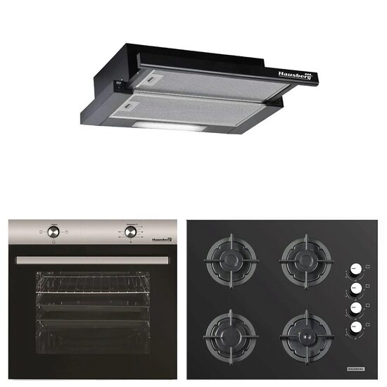 Pachet incorporabil Hausberg cuptor HB-8051IN, electric, 2000 W, 76 l, 4 functii, plita HB-567NG, aprindere electrica, gaz, 4 arzatoare, sistem de siguranta, din fonta, sticla, hota telescopica HB-1285NG, 420 m3/h, 2 motoare, 60 cm, Clasa A, Negru