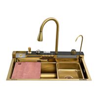 Set chiuveta multifunctionala HAUSBERG HBC-9955AU din otel inoxidabil, baterie dubla, cuva perforata fructe/legume, cuva universala cu dop scurgere, tocator, 750x460x220 mm, accesorii incluse, Auriu