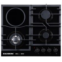 Plita incorporabila mixta Hausberg HB-1538, 3 arzatoare gaz + 1 zona vitroceramica, 600 mm, sticla neagra, control metalic, siguranta gaz, suport fonta