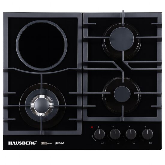 Plita incorporabila mixta Hausberg HB-1538, 3 arzatoare gaz + 1 zona vitroceramica, 600 mm, sticla neagra, control metalic, siguranta gaz, suport fonta