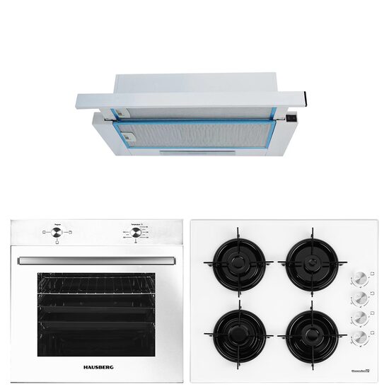 Pachet incorporabil Hausberg cuptor electric HB-8051AB, 2000 W, 76 l, 4 Functii, plita HB-563, gaz, 4 arzatoare, hota telescopica HB-1280, absorbtie 280m3/h, 1 motor, 60 cm, Clasa A, Alb