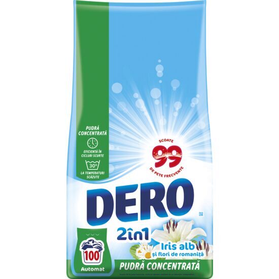Detergent de rufe pudră automat 2în1 Dero Iris alb, 100 spălări, 7.5kg