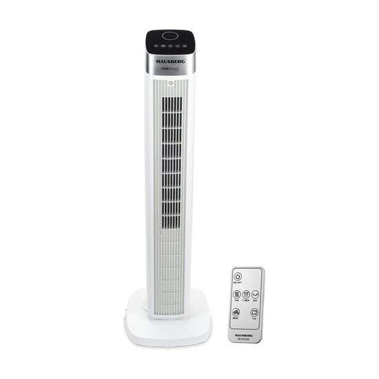Ventilator turn digital Hausberg HB-5953AB, 55W, 41 inch, 3 viteze, 3 moduri, temporizator 24h, LED, oscilatie, telecomanda, difuzor parfum, alb