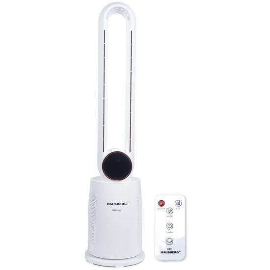 Ventilator turn digital Hausberg HB-5957AB, 65W, 12 viteze, 4 programe, ionizare negativa, temporizator 12h, oscilatie 40°, LED, telecomanda, alb