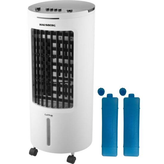 Racitor de aer portabil Hausberg HB-5962AB, 65–80W, rezervor 7.8L, 3 viteze, oscilatie 60°, pachet gheata inclus, alb