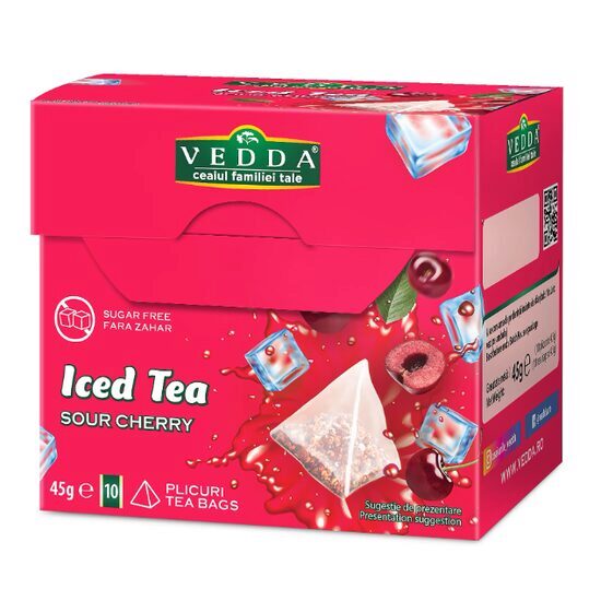 Ceai rece "Iced Tea" cu Visine, Cirese si mix de fructe, fara zahar, fara calorii, 10 plicuri piramida, 45gr, Vedda
