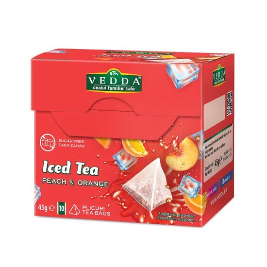 Ceai rece "Iced Tea" cu Piersici si Portocale fara zahar, fara calorii, 10 plicuri piramida, 45gr, Vedda