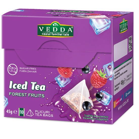Ceai rece "Iced Tea" cu Fructe de Padure fara zahar, fara calorii, 10 plicuri piramida, 45gr, Vedda