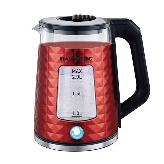 Cana fierbator Hausberg HB-3617RS, 1500 W, 2 L, Baza rotativa 360 grade, Indicator luminos, Oprire automata, Rosu